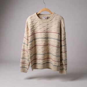 Vintage 80's The Fox Collection Cream Cotton Knit Sweater Striped  Womens L
